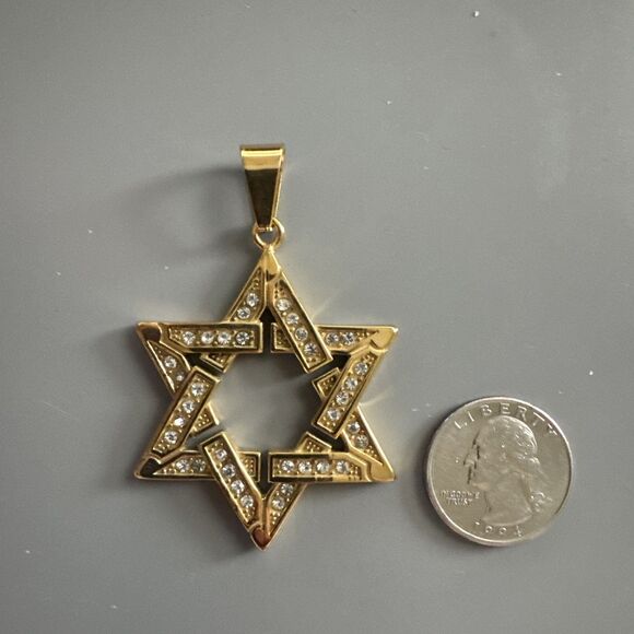 Stainless Steel Jewish Israel Star of David Necklace Bar Mitzvah Gold Zirconia - Picture 3 of 5